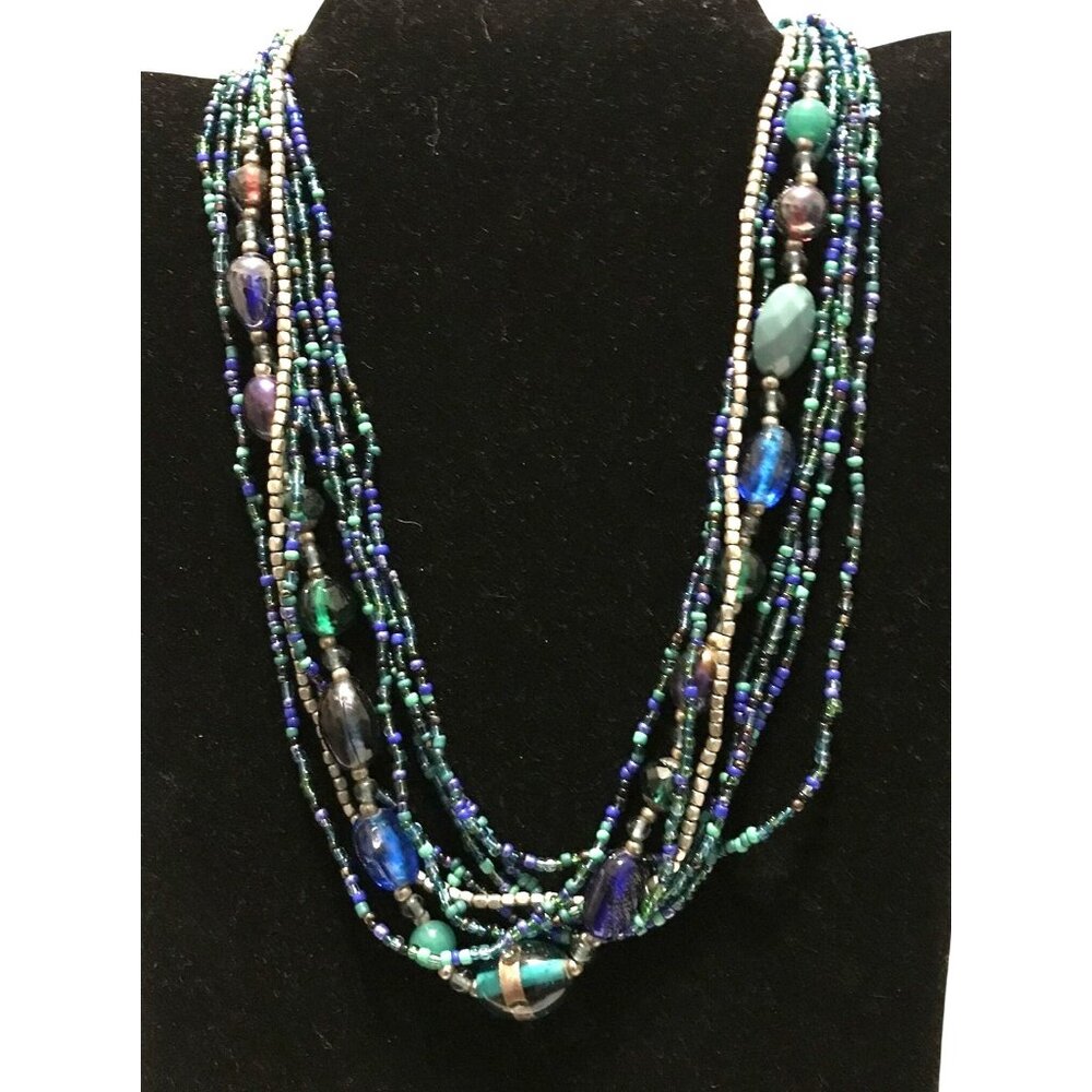 Vintage Peacock Torsade Beaded Necklace With Glass & Metal Beads